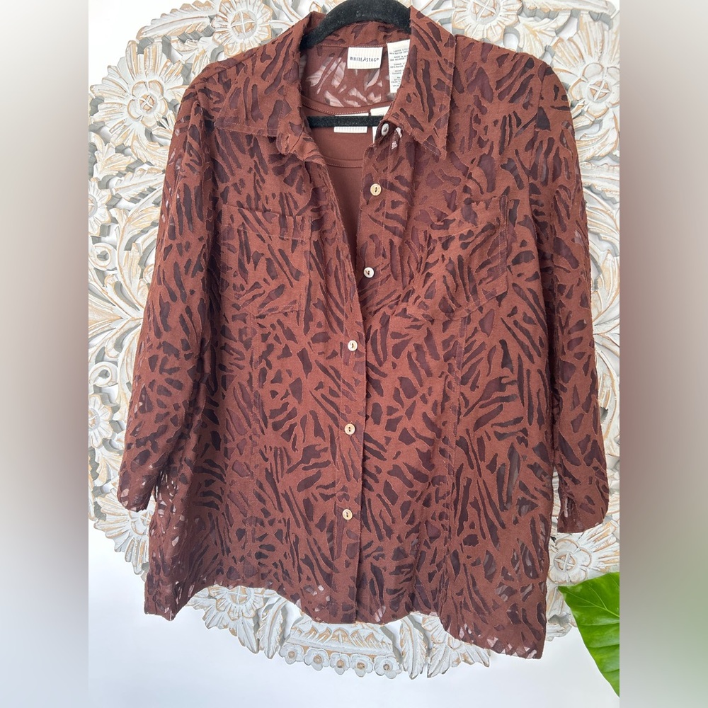 Vintage White Stag Sheer Brown Animal Print Button Down Shirt with Camisole